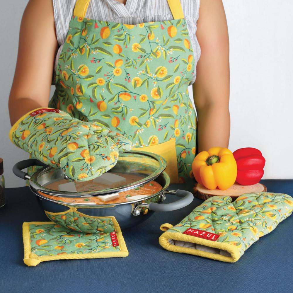 HAZEL Cotton Kitchen Apron with Front Pocket | Adjustable Neck Strap & Tie Back | Reusable Cooking, Baking & Cleaning Apron for Men & Women (Yellow & Green)