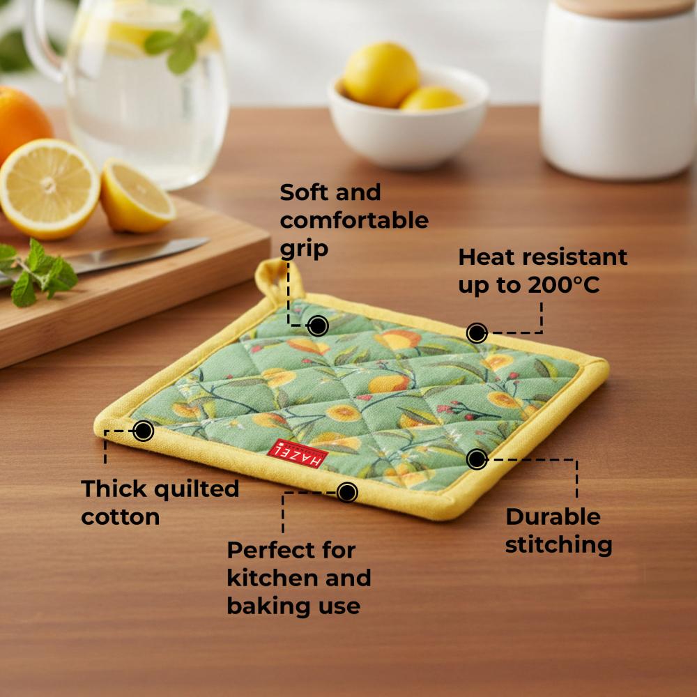 HAZEL Cotton Kitchen Pot Holder | Heat Resistant Quilted Fabric Mat for Hot Pots & Pans | Durable, Washable, and Easy to Hang (Yellow & Green)