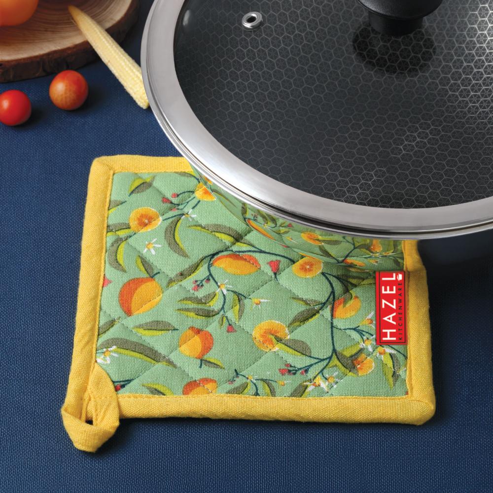 HAZEL Cotton Kitchen Pot Holder | Heat Resistant Quilted Fabric Mat for Hot Pots & Pans | Durable, Washable, and Easy to Hang (Yellow & Green)