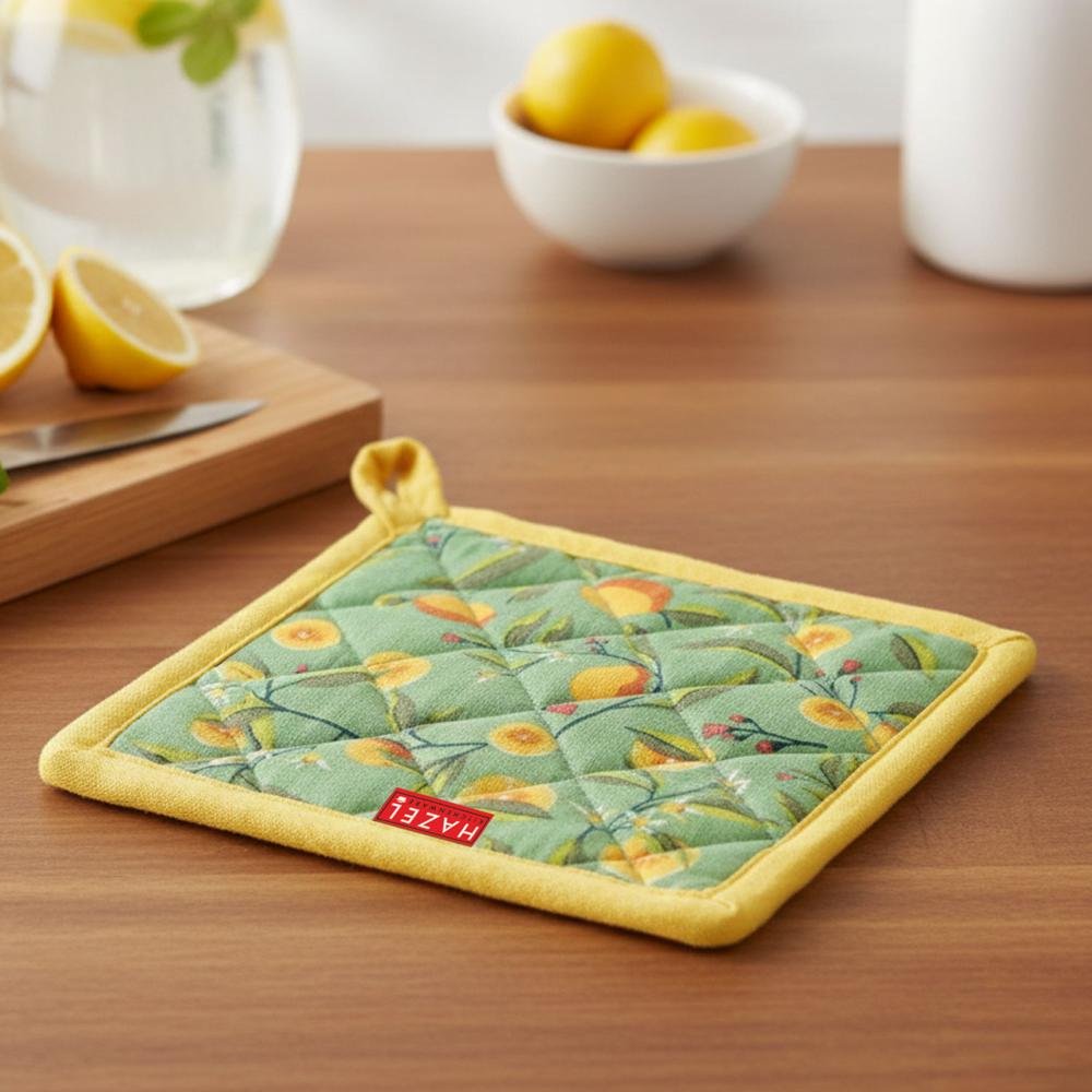 HAZEL Cotton Kitchen Pot Holder | Heat Resistant Quilted Fabric Mat for Hot Pots & Pans | Durable, Washable, and Easy to Hang (Yellow & Green)