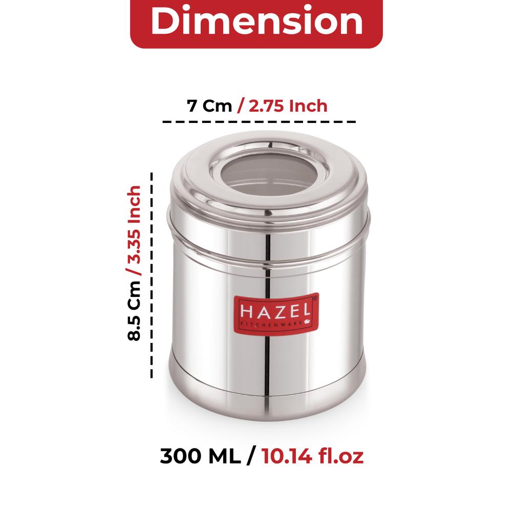 HAZEL Stainless Steel Kitchen Container 300ml with Transparent See-Through Lid | Airtight Storage Jar for Spices, Dry Fruits, Snacks