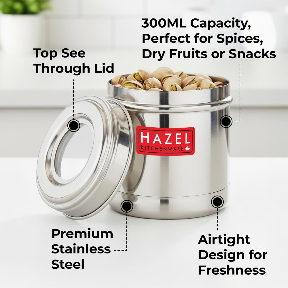 HAZEL Stainless Steel Kitchen Container 300ml with Transparent See-Through Lid | Airtight Storage Jar for Spices, Dry Fruits, Snacks