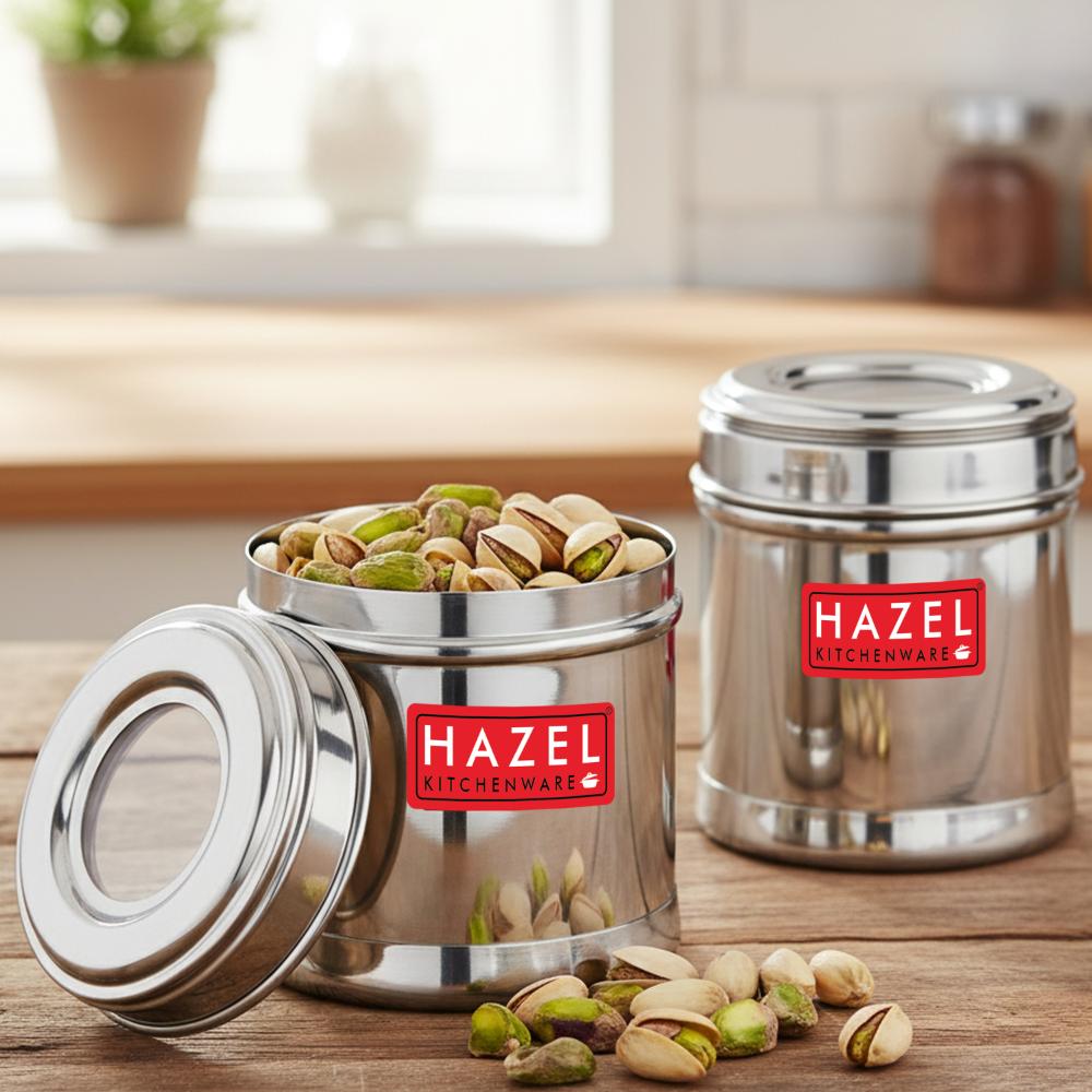 HAZEL Stainless Steel Kitchen Containers 300ml Set of 2 with Transparent See-Through Lid | Airtight Spice & Dry Fruit Storage Jars