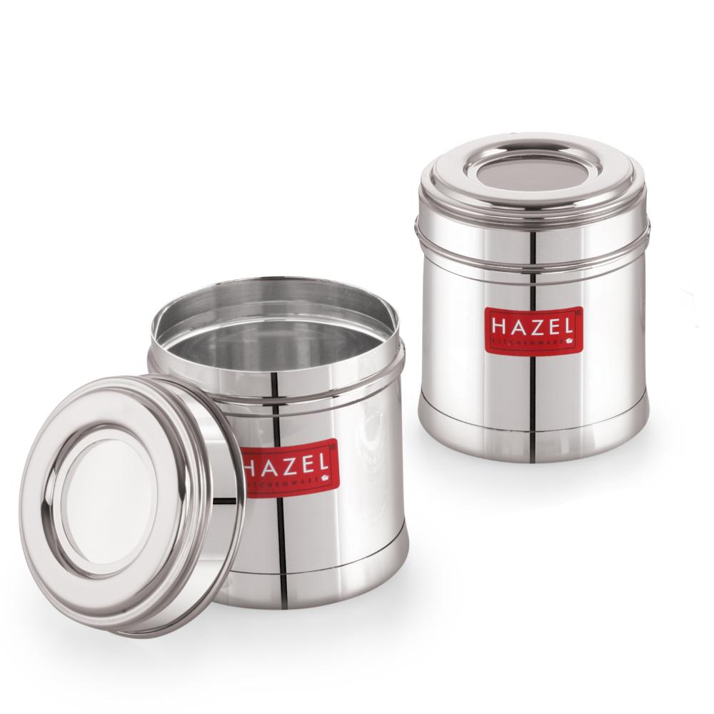 HAZEL Stainless Steel Kitchen Containers 300ml Set of 2 with Transparent See-Through Lid | Airtight Spice & Dry Fruit Storage Jars