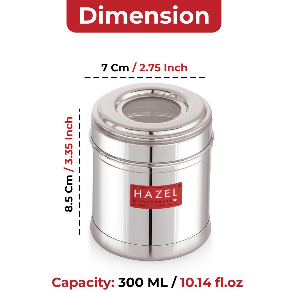 HAZEL Stainless Steel Kitchen Containers 300ml Set of 2 with Transparent See-Through Lid | Airtight Spice & Dry Fruit Storage Jars