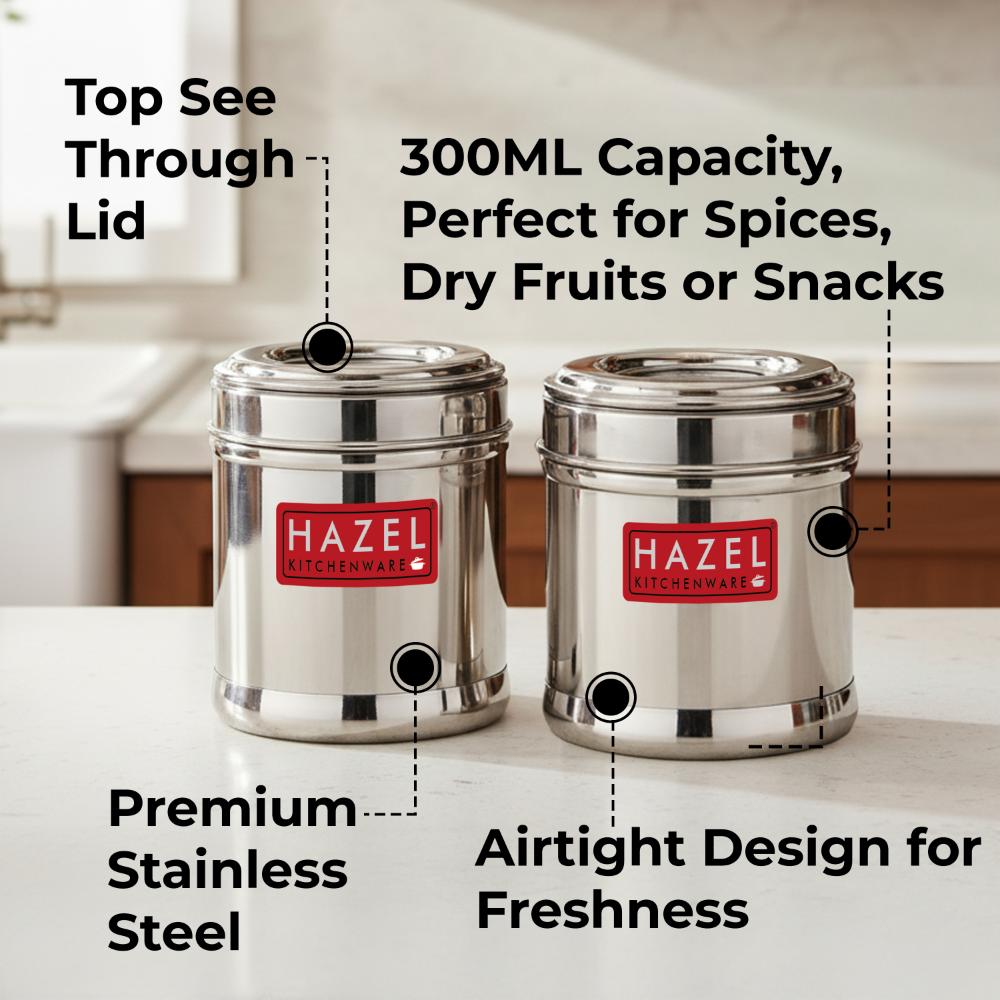 HAZEL Stainless Steel Kitchen Containers 300ml Set of 2 with Transparent See-Through Lid | Airtight Spice & Dry Fruit Storage Jars