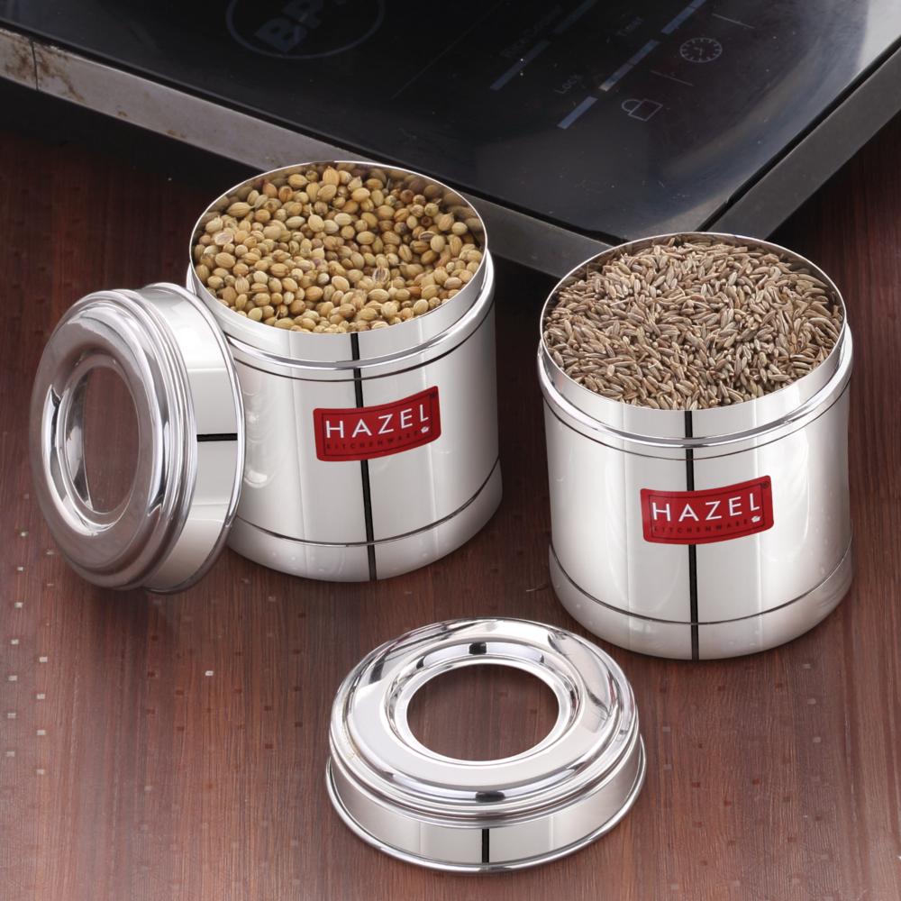 HAZEL Stainless Steel Kitchen Containers 300ml Set of 2 with Transparent See-Through Lid | Airtight Spice & Dry Fruit Storage Jars