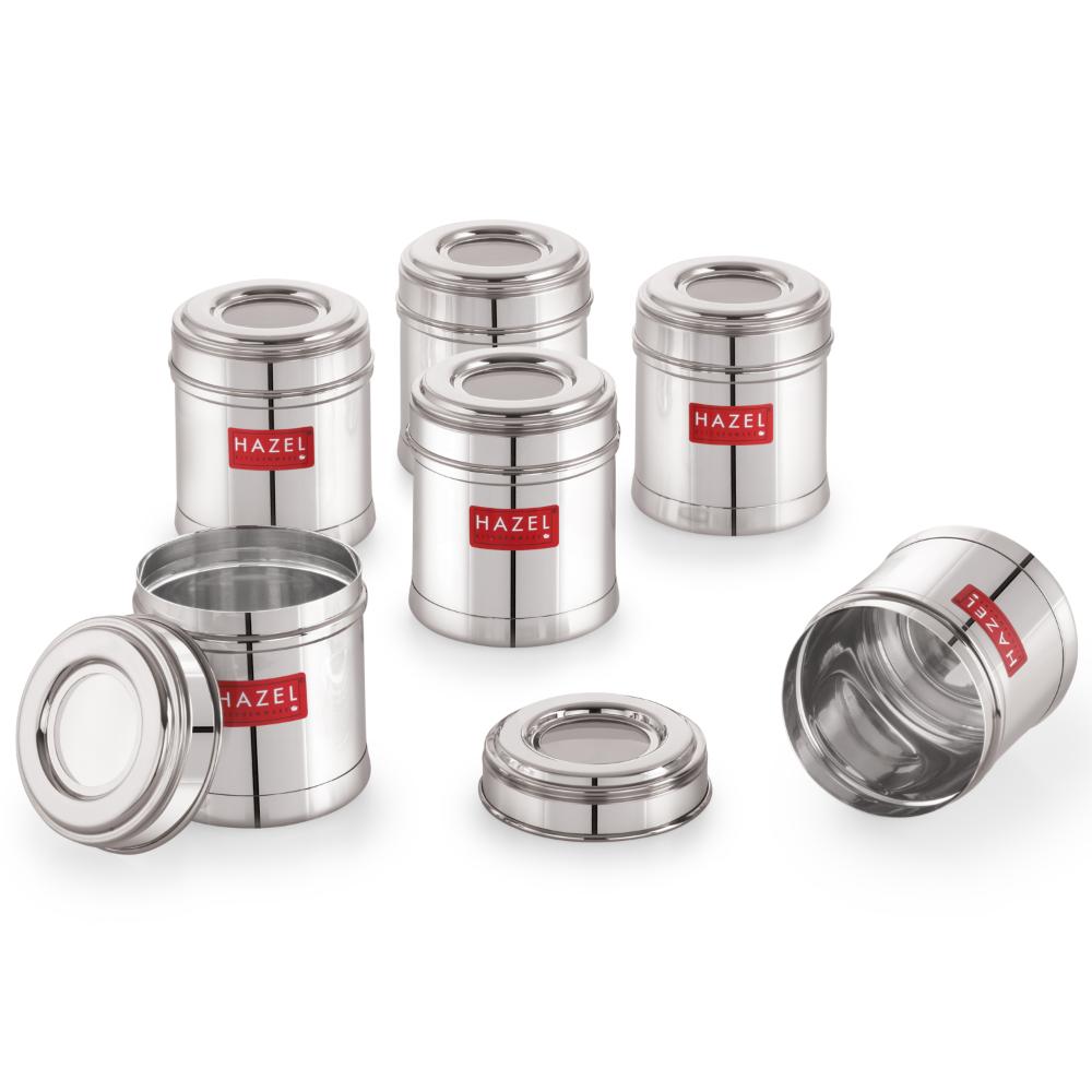 HAZEL Stainless Steel Kitchen Containers 300ml Set of 6 with Transparent See-Through Lid | Airtight Spice & Storage Jars for Kitchen