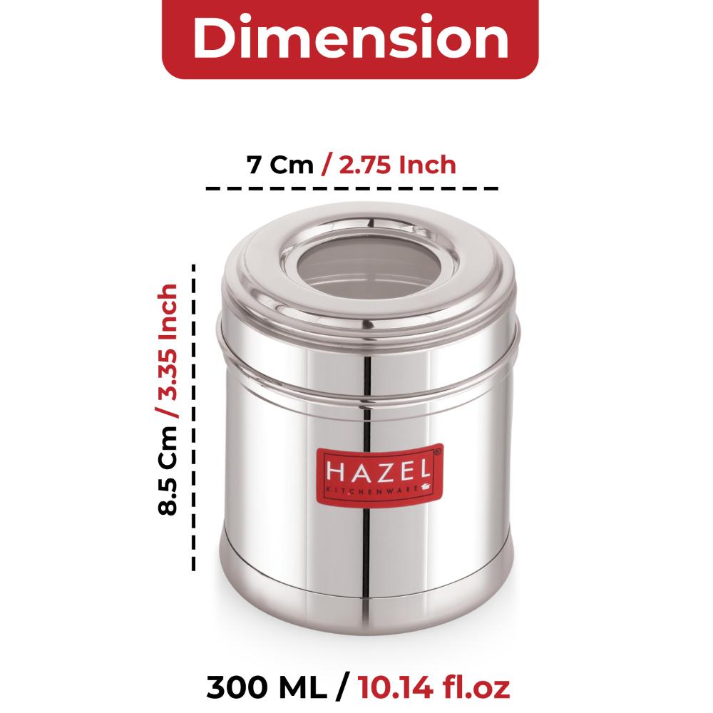 HAZEL Stainless Steel Kitchen Containers 300ml Set of 6 with Transparent See-Through Lid | Airtight Spice & Storage Jars for Kitchen