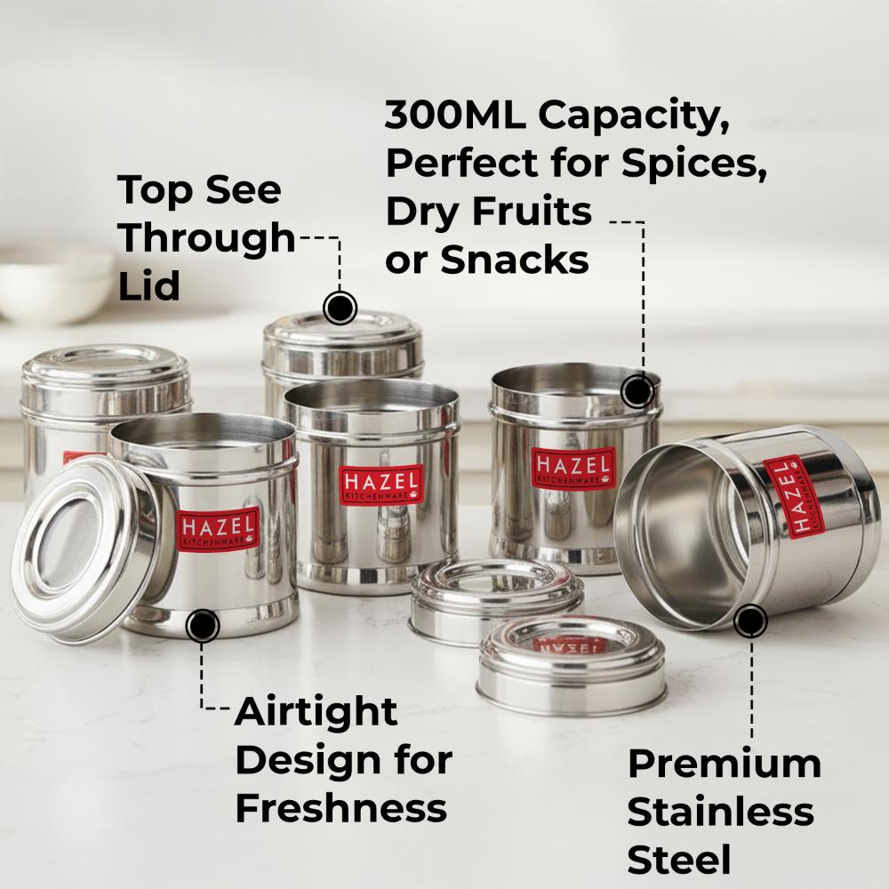 HAZEL Stainless Steel Kitchen Containers 300ml Set of 6 with Transparent See-Through Lid | Airtight Spice & Storage Jars for Kitchen