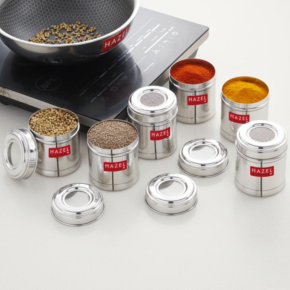 HAZEL Stainless Steel Kitchen Containers 300ml Set of 6 with Transparent See-Through Lid | Airtight Spice & Storage Jars for Kitchen