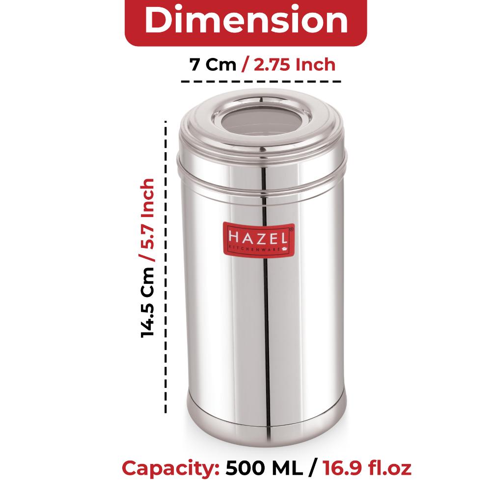 HAZEL Stainless Steel Kitchen Container 500ml with Transparent See-Through Lid | Airtight Spice & Dry Fruit Storage Jar