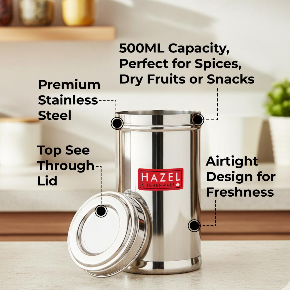 HAZEL Stainless Steel Kitchen Container 500ml with Transparent See-Through Lid | Airtight Spice & Dry Fruit Storage Jar