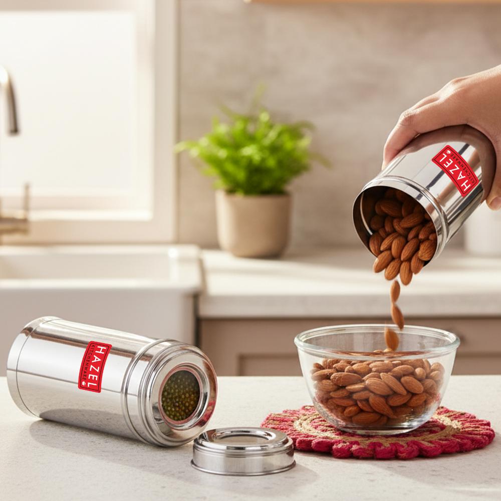 HAZEL Stainless Steel Kitchen Containers 500ml Set of 2 with Transparent See-Through Lids | Airtight Spice & Dry Fruit Storage Jars