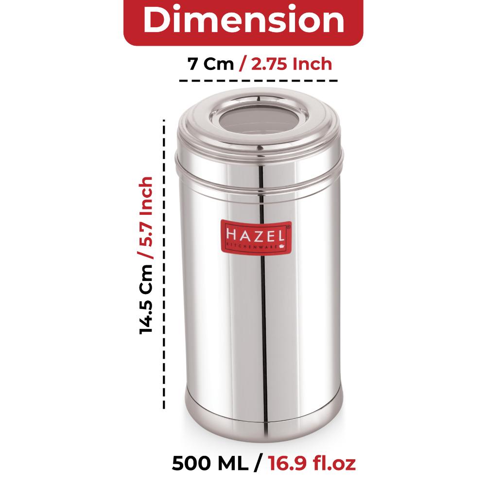 HAZEL Stainless Steel Kitchen Containers 500ml Set of 2 with Transparent See-Through Lids | Airtight Spice & Dry Fruit Storage Jars