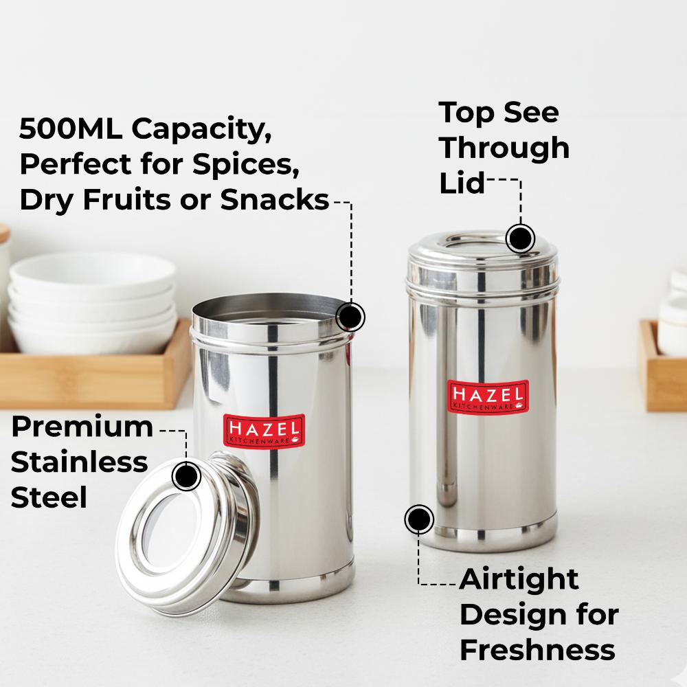 HAZEL Stainless Steel Kitchen Containers 500ml Set of 2 with Transparent See-Through Lids | Airtight Spice & Dry Fruit Storage Jars
