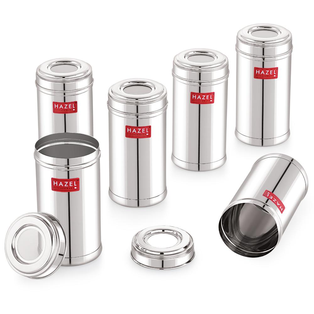 HAZEL Stainless Steel Kitchen Containers 500ml Set of 6 with Transparent See-Through Lids | Airtight Spice & Storage Jars for Kitchen