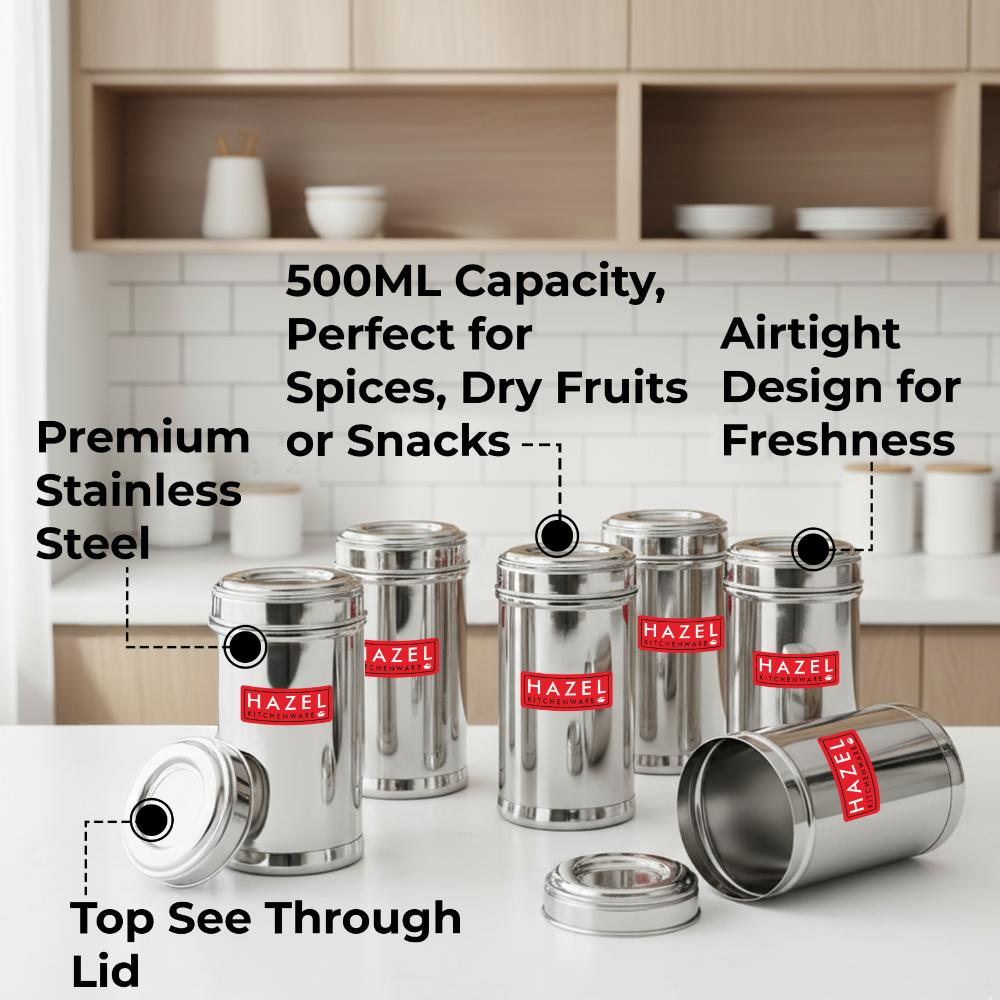 HAZEL Stainless Steel Kitchen Containers 500ml Set of 6 with Transparent See-Through Lids | Airtight Spice & Storage Jars for Kitchen