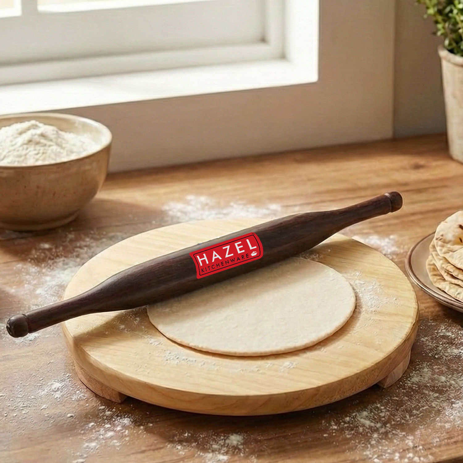 HAZEL Wood Polpat Chakla Roti Chapati Maker 21 cm With Sheesham Roti Roller Belan Rolling Pin 34 cm