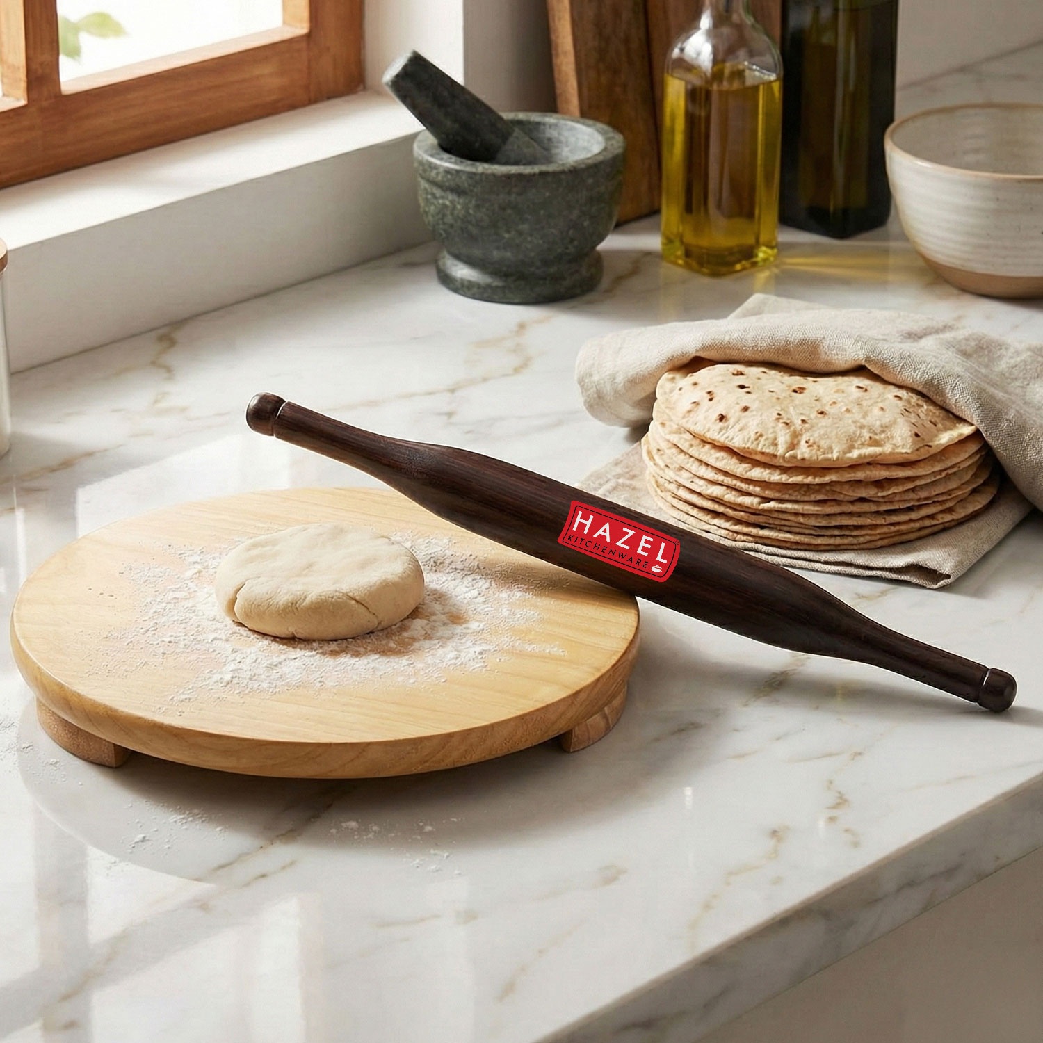 HAZEL Wood Polpat Chakla Roti Chapati Maker 24 cm With Sheesham Roti Roller Belan Rolling Pin 34 cm