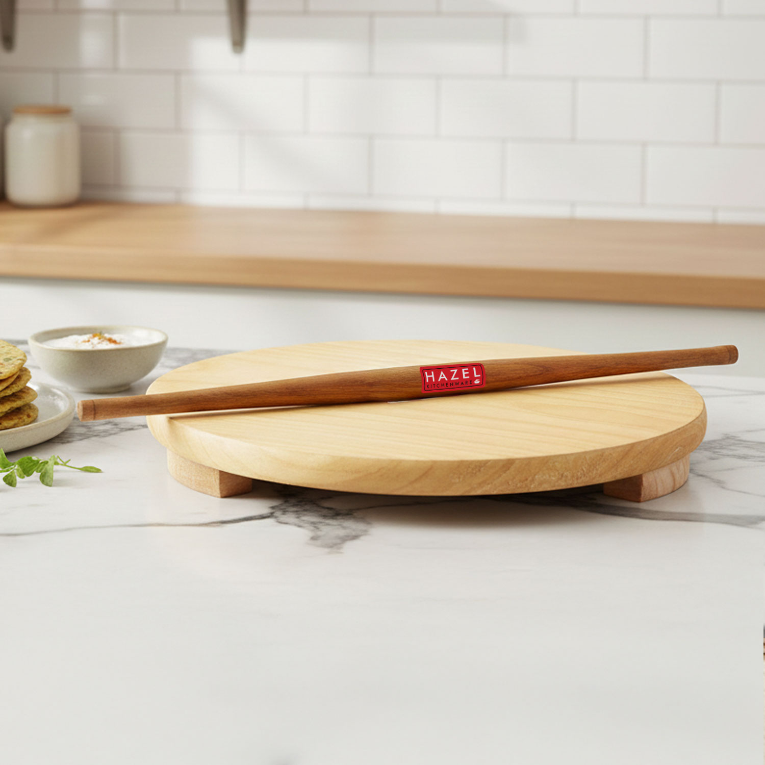 HAZEL Wood Polpat Chakla Roti Chapati Maker 24 cm With Wood Roti Roller Belan Rolling Pin 36 cm
