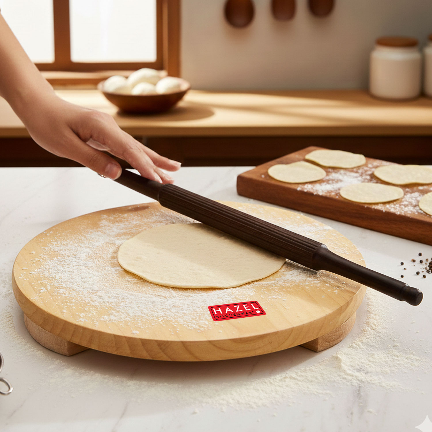 HAZEL Wood Polpat Chakla Roti Chapati Maker 24 cm With Sheesham Roti Roller Belan Rolling Pin 35 cm