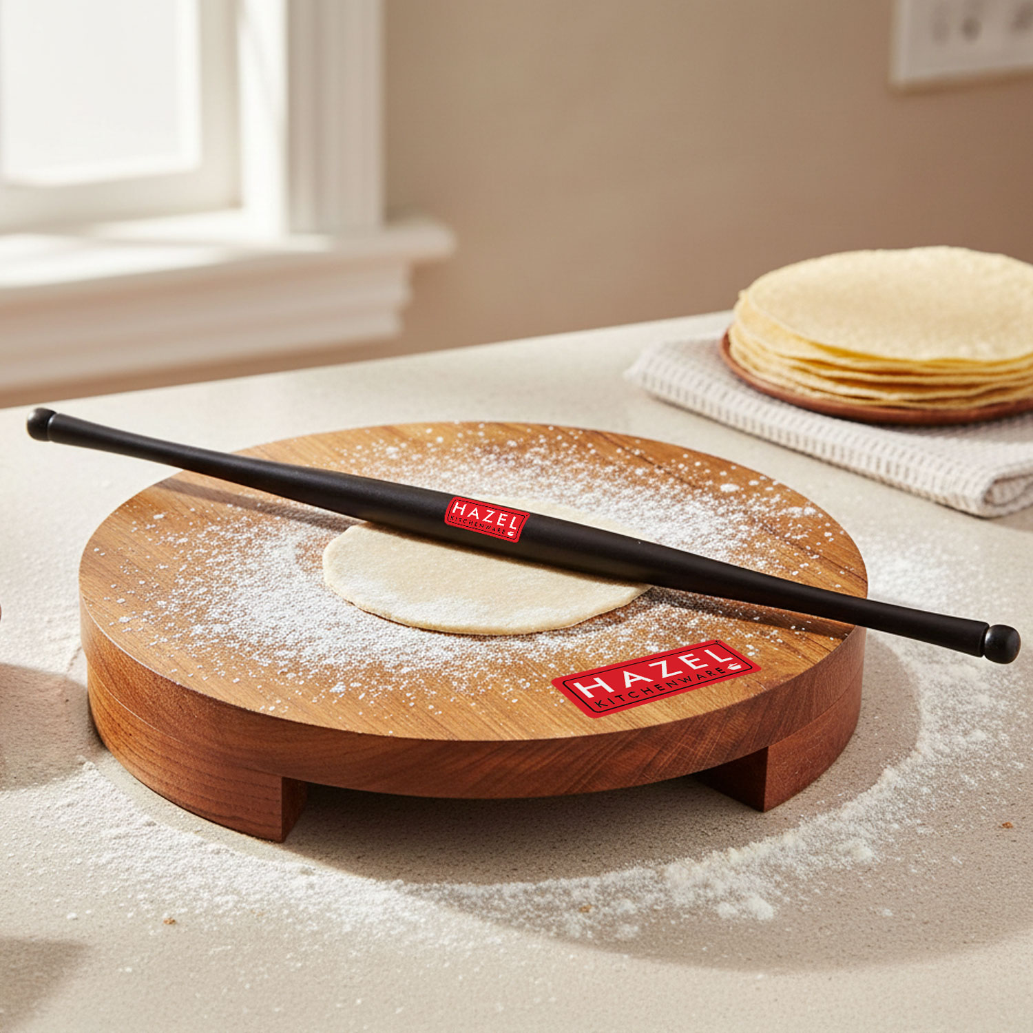 HAZEL Sagwan Polpat Chakla Roti Chapati Maker 23 cm With Sheesham Roti Roller Belan Rolling Pin 42 cm