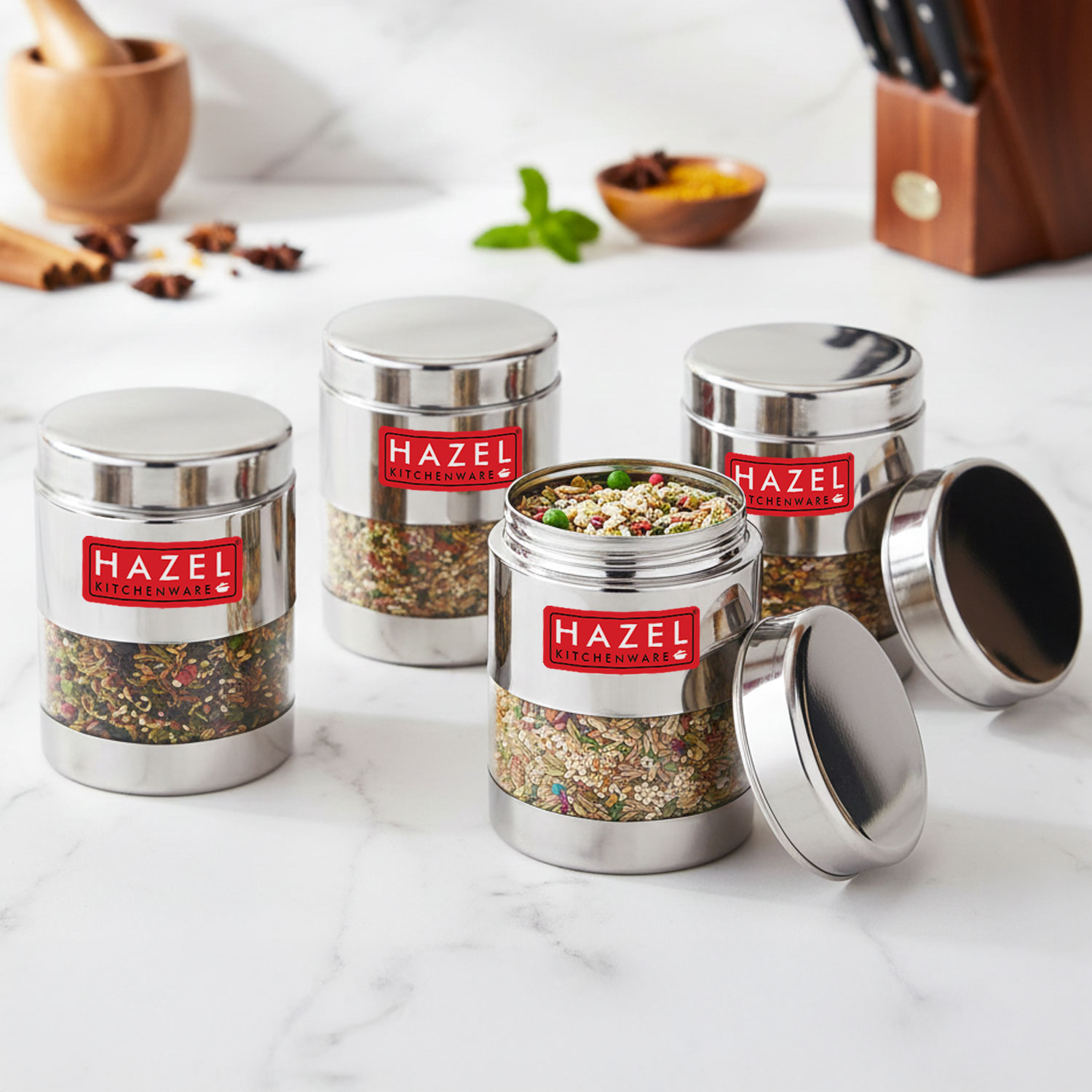HAZEL Stainless Steel Mukhwas Container | See Through Small Containers for Kitchen Storage Set | Transparent Airtight Jars Set of 4 Pc, 300 ML