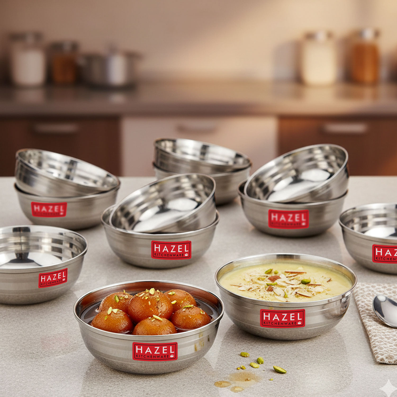 HAZEL Stainless Steel Serving Bowl Set of 12, 9 cm, 150 ml, Silver