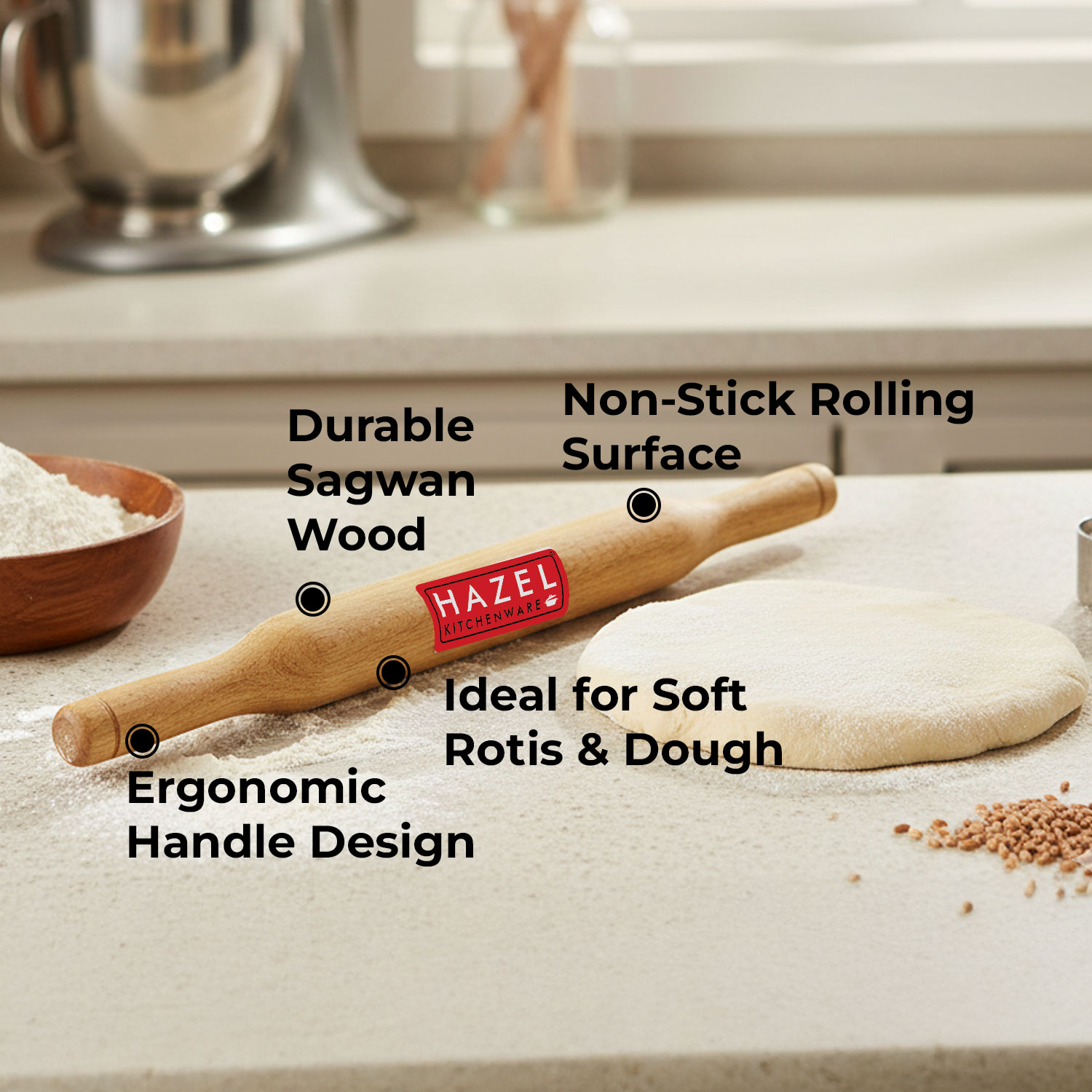 HAZEL Wooden Belan Rolling Pin Sagwan Roti Phulka Dough Roller for Home and Kitchen, 35 cm