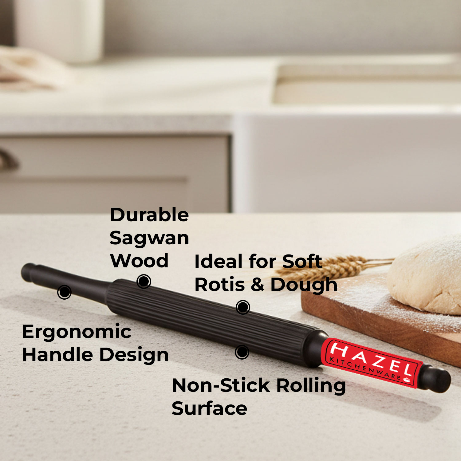 HAZEL Wooden Belan Rolling Pin Seasame Roti Phulka Dough Roller for Home and Kitchen, 35 cm