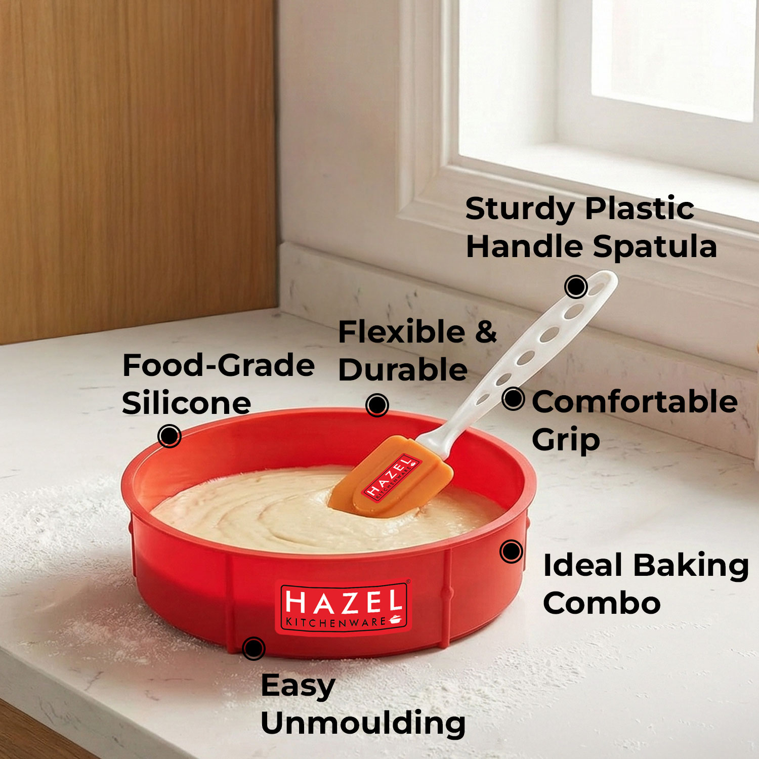 HAZEL Small Silicon Red Round Shape Cake Mould for Half Kg with Orange Spatula