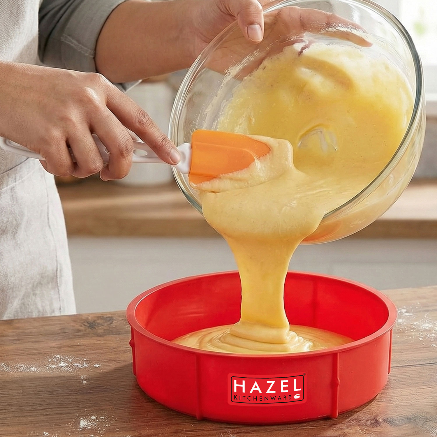 HAZEL Small Silicon Red Round Shape Cake Mould for Half Kg with Orange Spatula