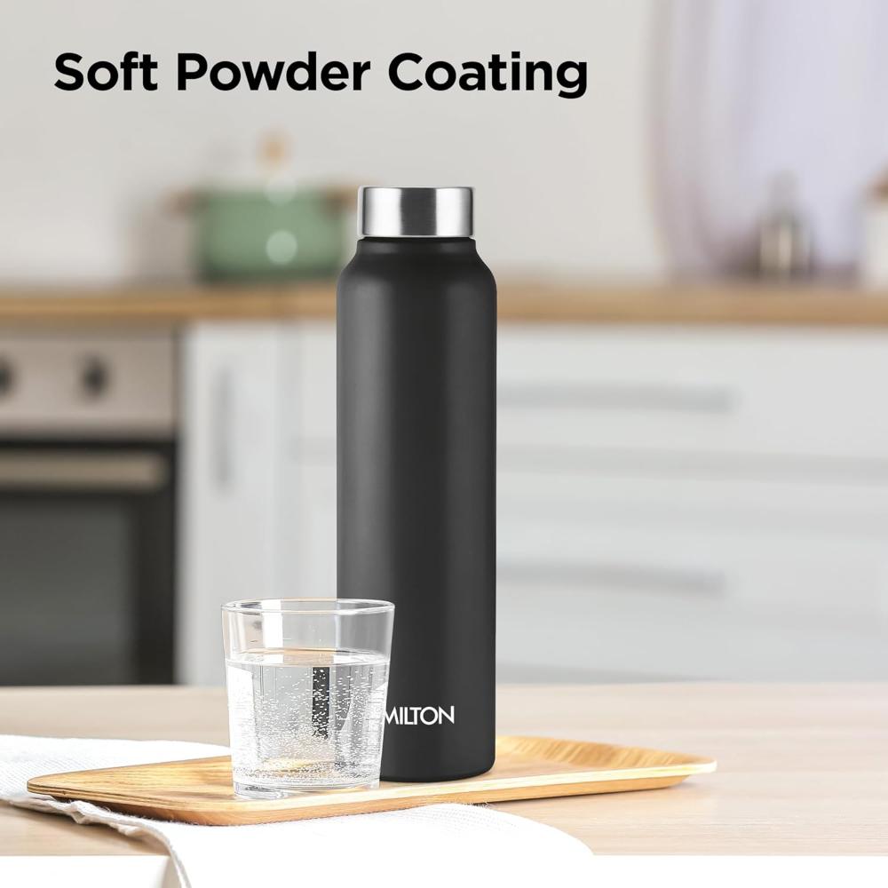 Milton Flint Stainless Steel Water Bottle I ISI Certified I Soft Powder Coat Premium Finish I Leak Proof - Light Weight I for Office, School, College, 980 ml, Black