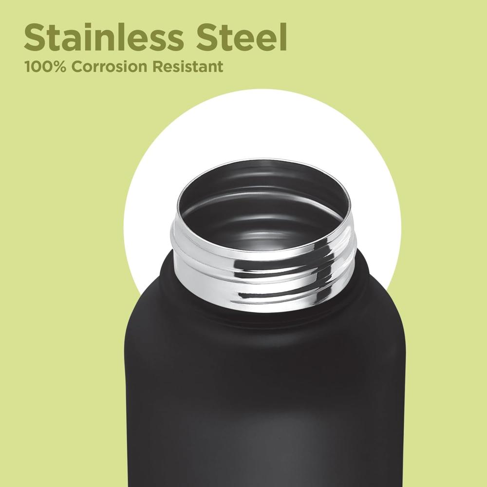 Milton Flint Stainless Steel Water Bottle I ISI Certified I Soft Powder Coat Premium Finish I Leak Proof - Light Weight I for Office, School, College, 980 ml, Black