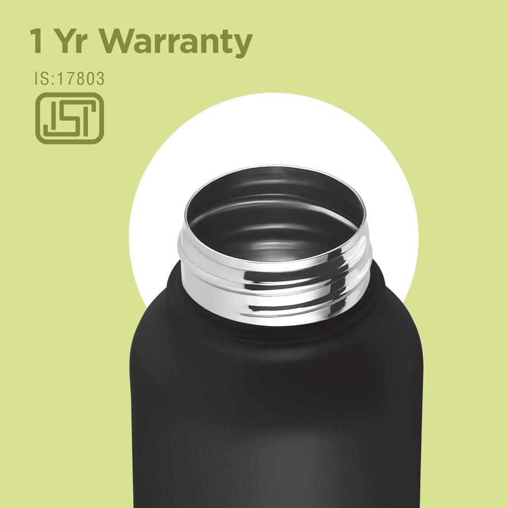 Milton Flint Stainless Steel Water Bottle I ISI Certified I Soft Powder Coat Premium Finish I Leak Proof - Light Weight I for Office, School, College, 980 ml, Black