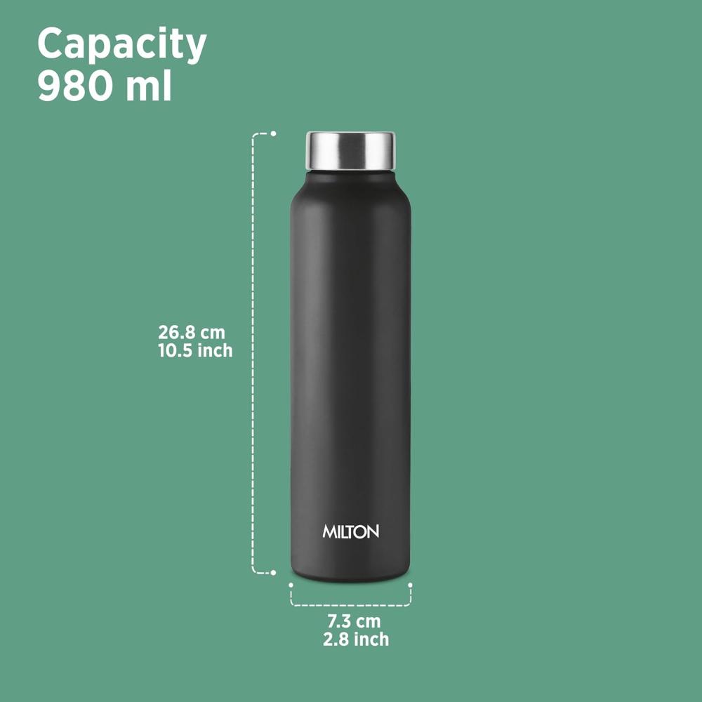 Milton Flint Stainless Steel Water Bottle I ISI Certified I Soft Powder Coat Premium Finish I Leak Proof - Light Weight I for Office, School, College, 980 ml, Black