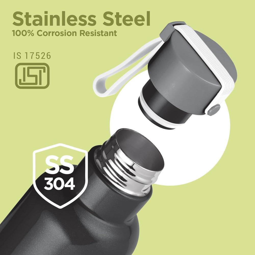 Milton Felice 900 Thermosteel Water Bottle 715 ml, 24 Hr Hot and Cold I Leak Proof Lid, ISI Certified I Vacuum Insulated I for Office, Gym, School I Black