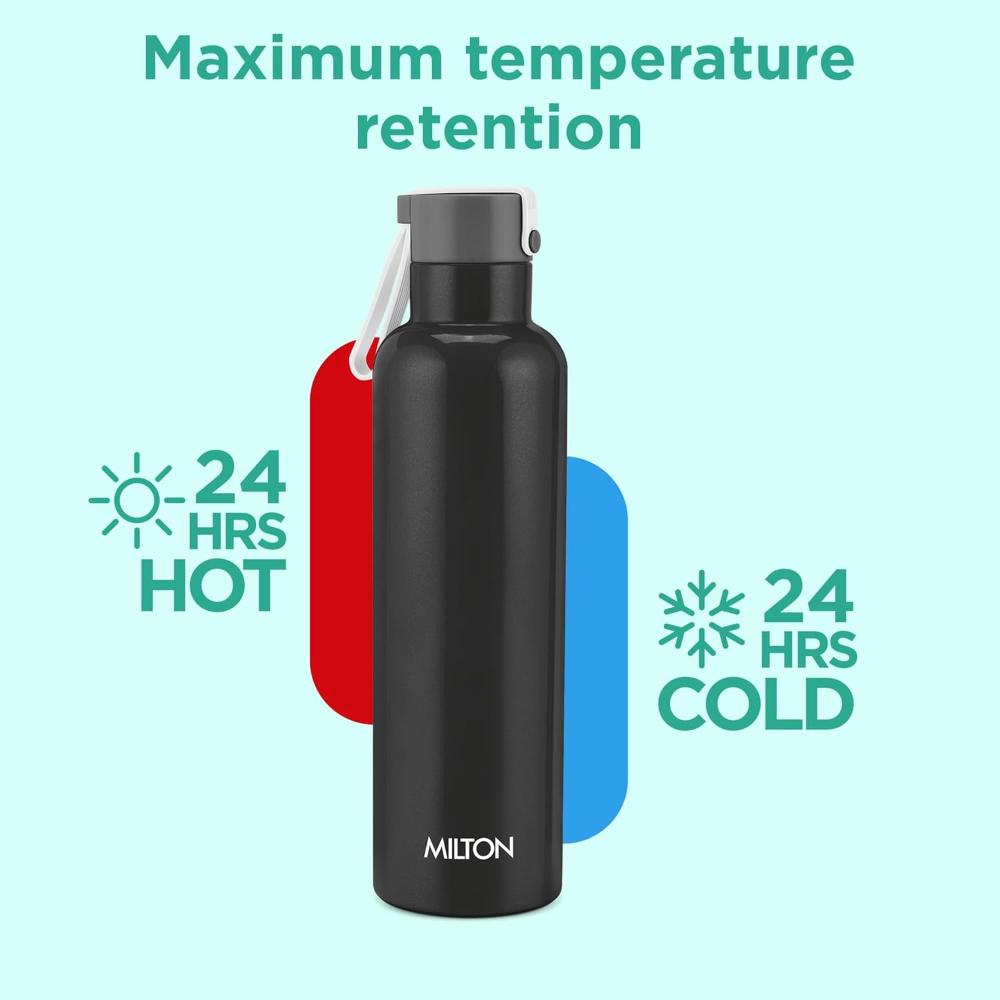 Milton Felice 900 Thermosteel Water Bottle 715 ml, 24 Hr Hot and Cold I Leak Proof Lid, ISI Certified I Vacuum Insulated I for Office, Gym, School I Black