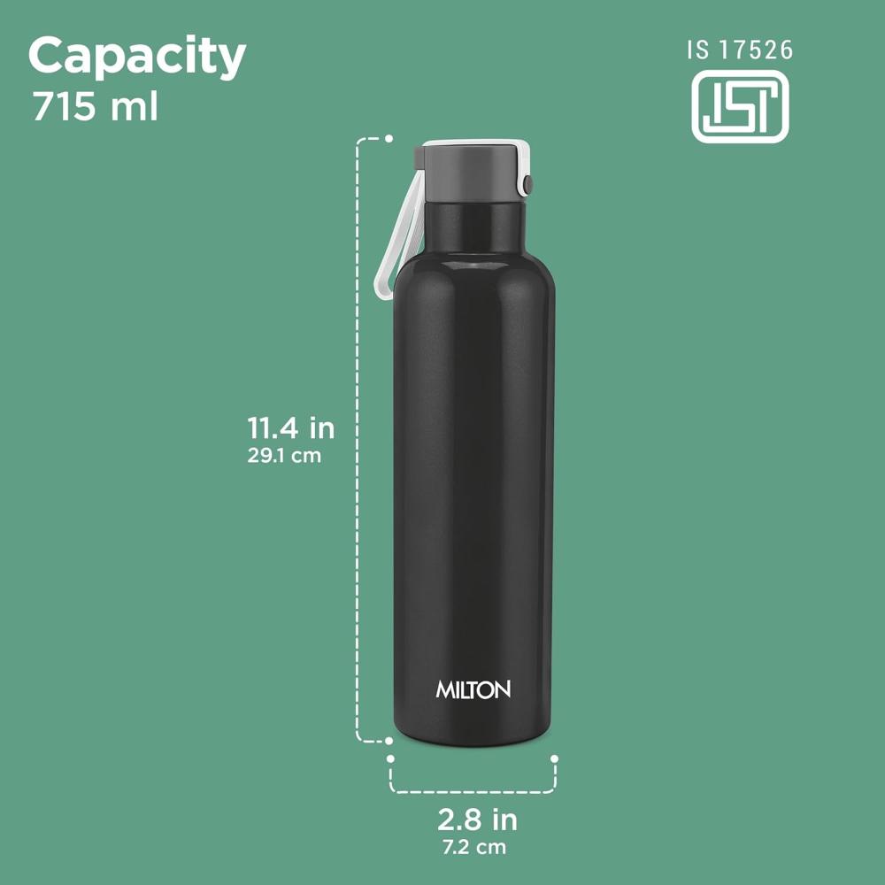 Milton Felice 900 Thermosteel Water Bottle 715 ml, 24 Hr Hot and Cold I Leak Proof Lid, ISI Certified I Vacuum Insulated I for Office, Gym, School I Black
