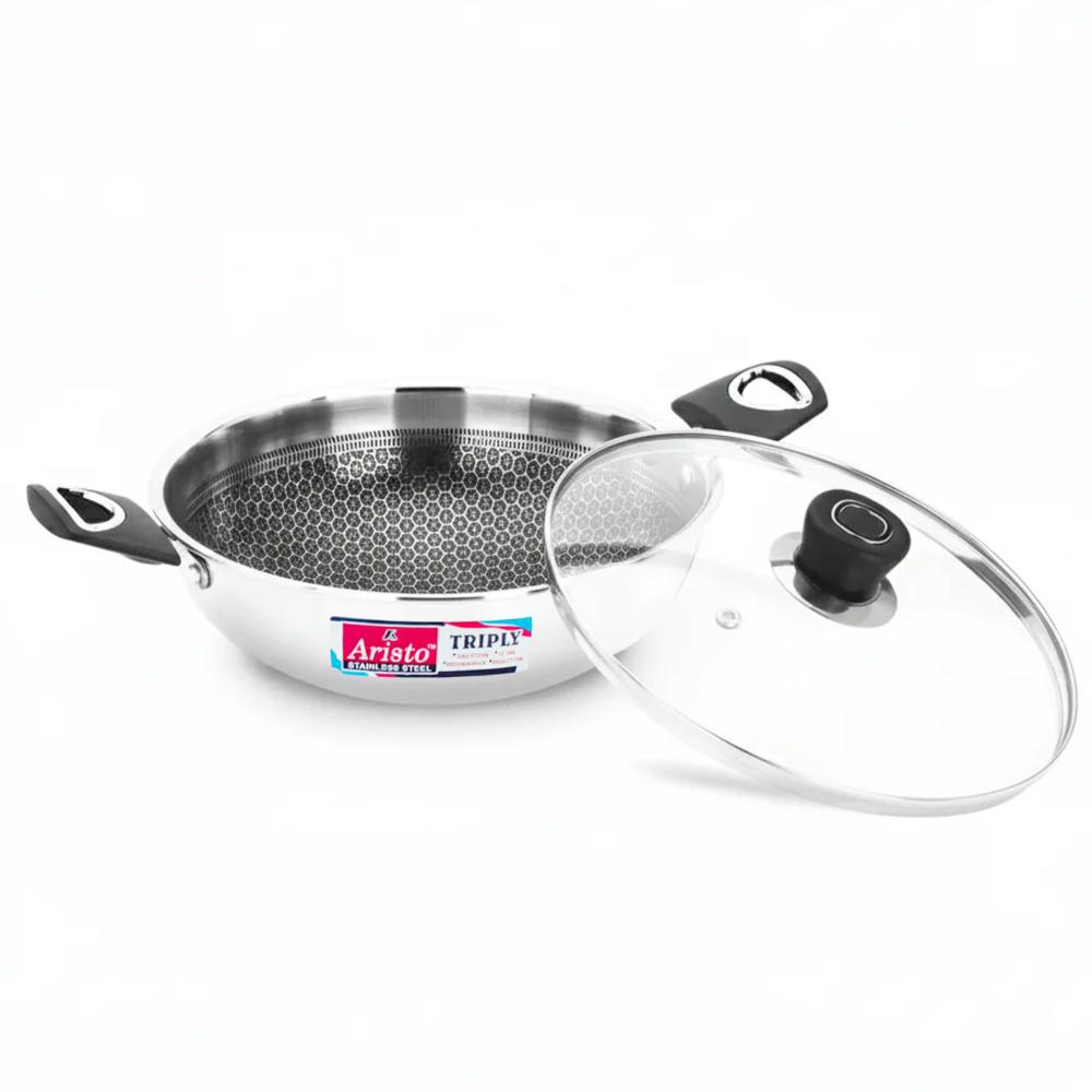 Aristo Triply Honeycomb Kadai 20cm with Glass Lid, 1500 ml | Stainless Steel Induction Cookware