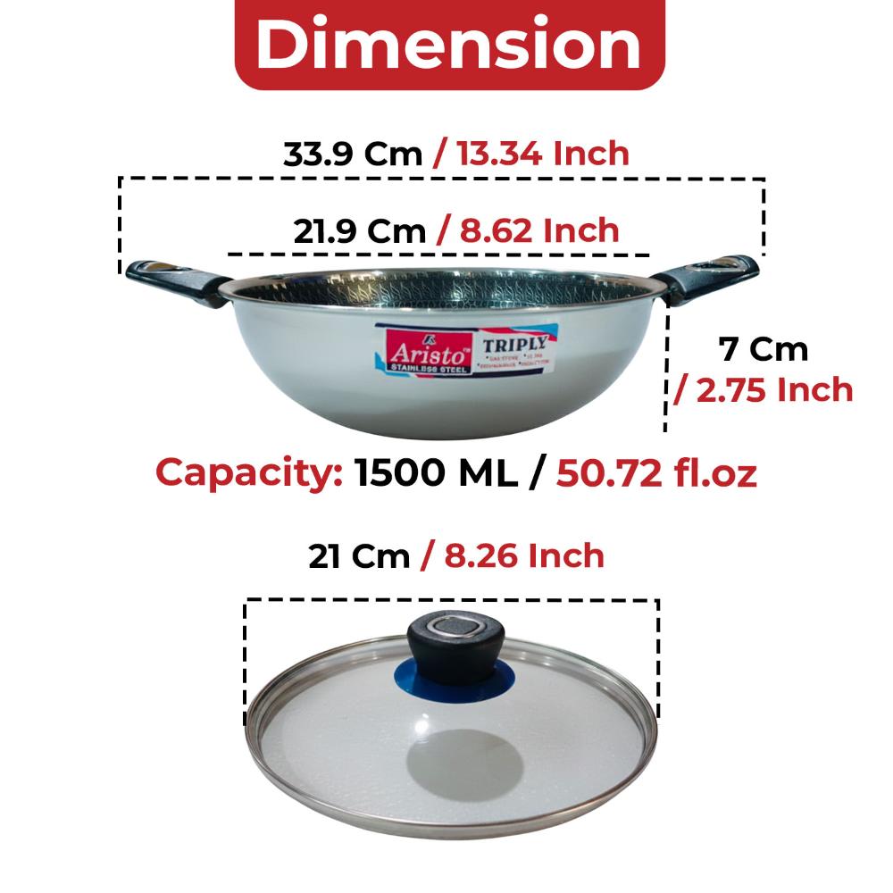 Aristo Triply Honeycomb Kadai 20cm with Glass Lid, 1500 ml | Stainless Steel Induction Cookware