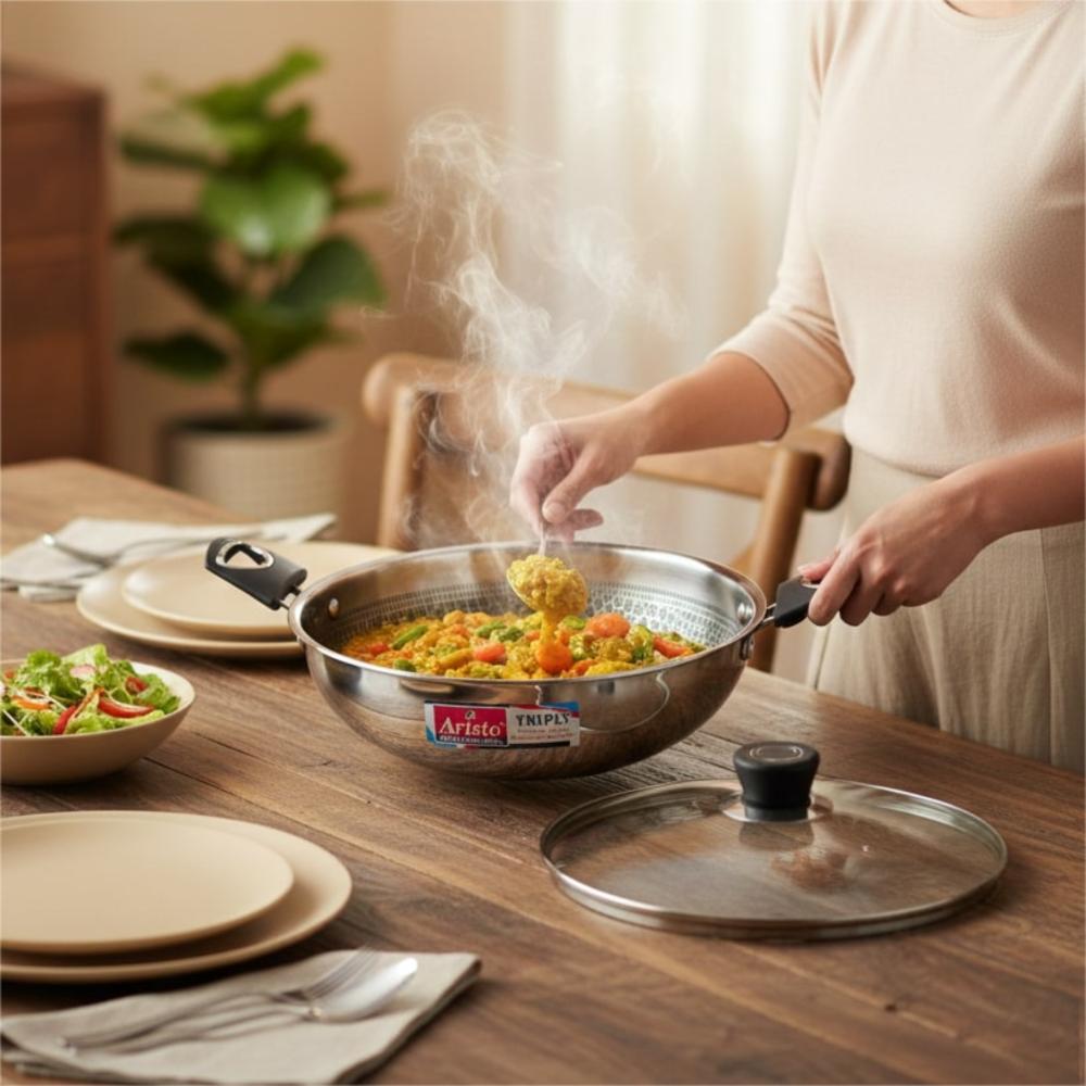 Aristo Triply Stainless Steel Honeycomb Kadai 22cm, 2000 ml | Induction & Gas Compatible