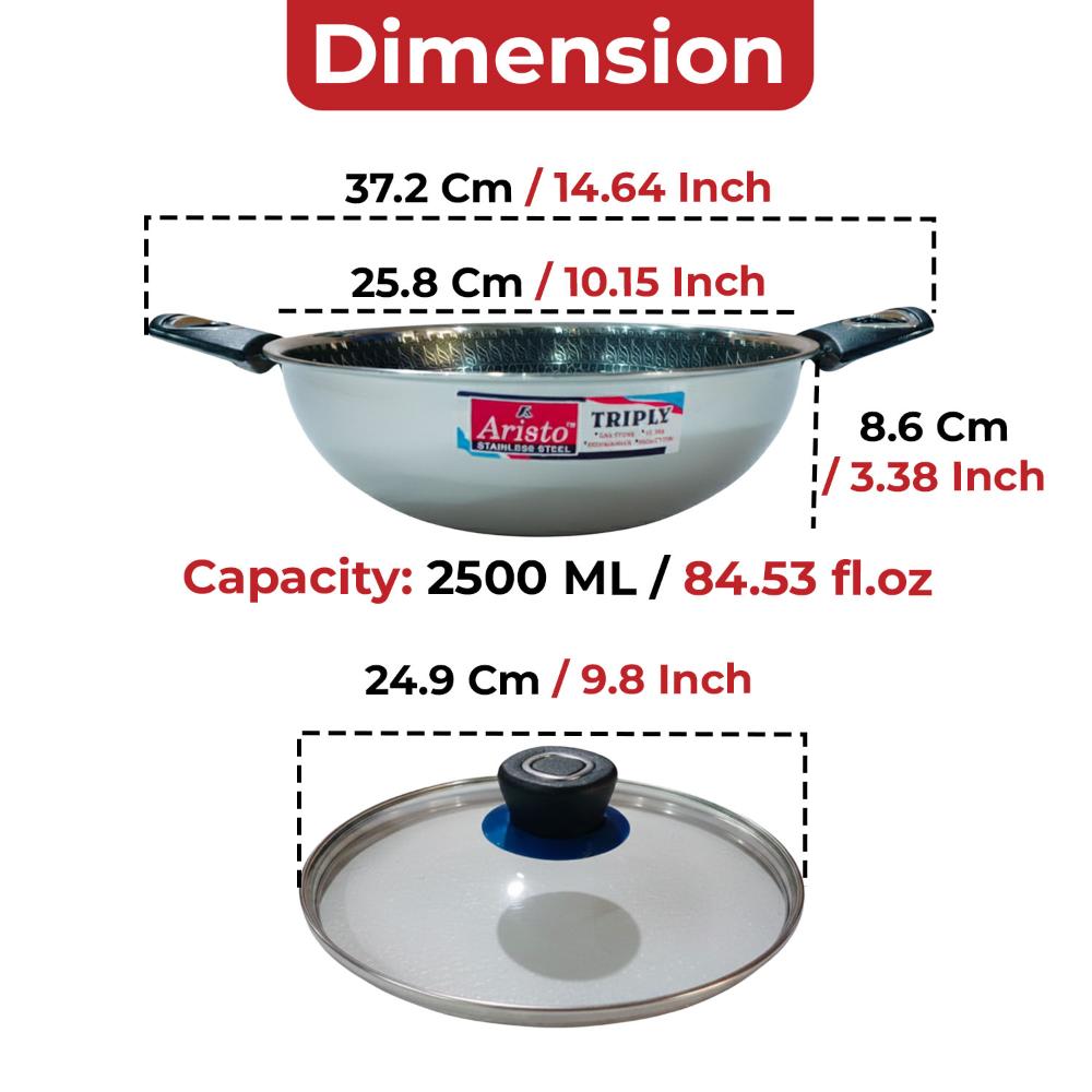 Aristo Triply Stainless Steel Honeycomb Kadai 24cm, 2500 ml | Non-Stick Surface & Even Heating