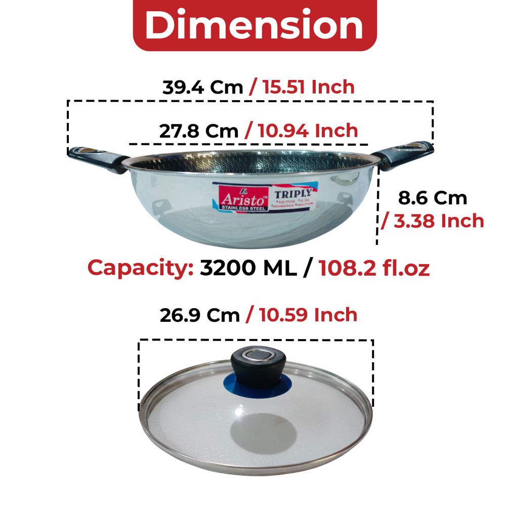 Aristo Triply Steel Honeycomb Kadai 26cm, 3200 ml | Fast Heating, Durable & Scratch-Resistant