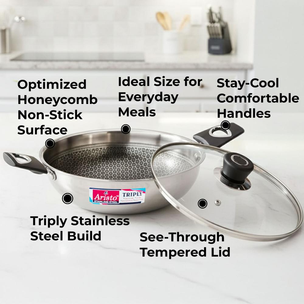 Aristo Triply Steel Honeycomb Kadai 26cm, 3200 ml | Fast Heating, Durable & Scratch-Resistant