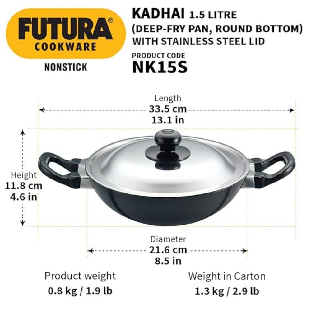 Futura Nonstick 1.5 L, 22 cm, 3.25 mm (Kadhai) with SS lid (Q19)