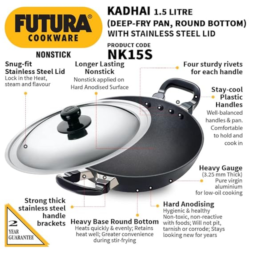Futura Nonstick 1.5 L, 22 cm, 3.25 mm (Kadhai) with SS lid (Q19)