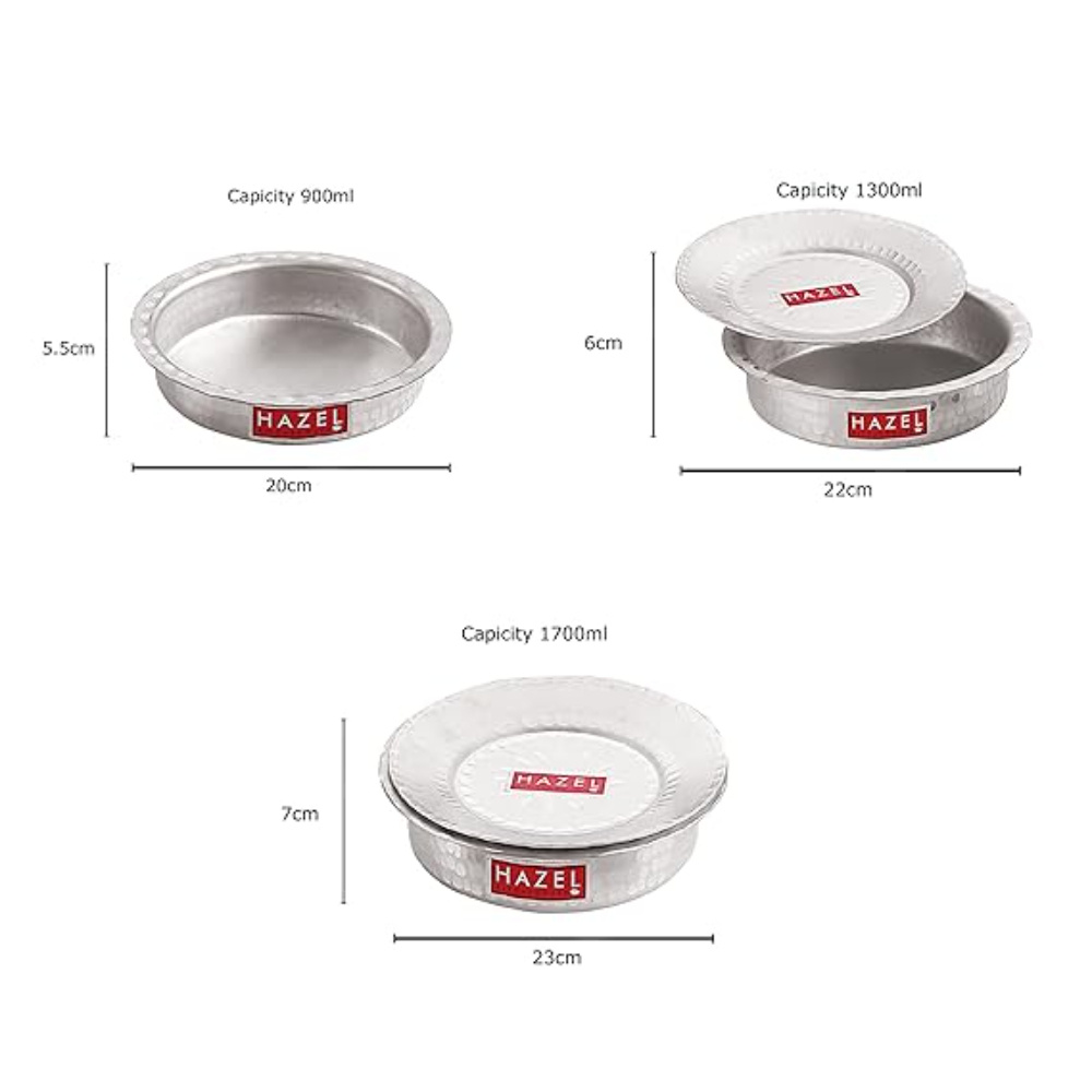HAZEL Aluminium Langdi Patila Pot With Lid Hammered Finish Round Bottom Boiling Tope Vessels Bhagona Dekchi, Set of 3, 900 ML to 1700 ML