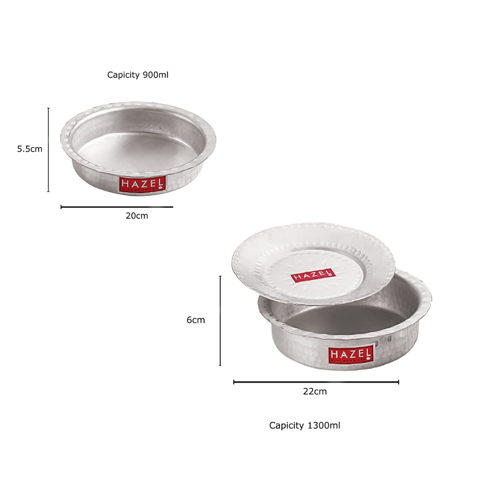 HAZEL Aluminium Langdi Patila Pot With Lid Hammered Finish Round Bottom Boiling Tope Vessels Bhagona Dekchi, Set of 2, 900 ML, 1300 ML